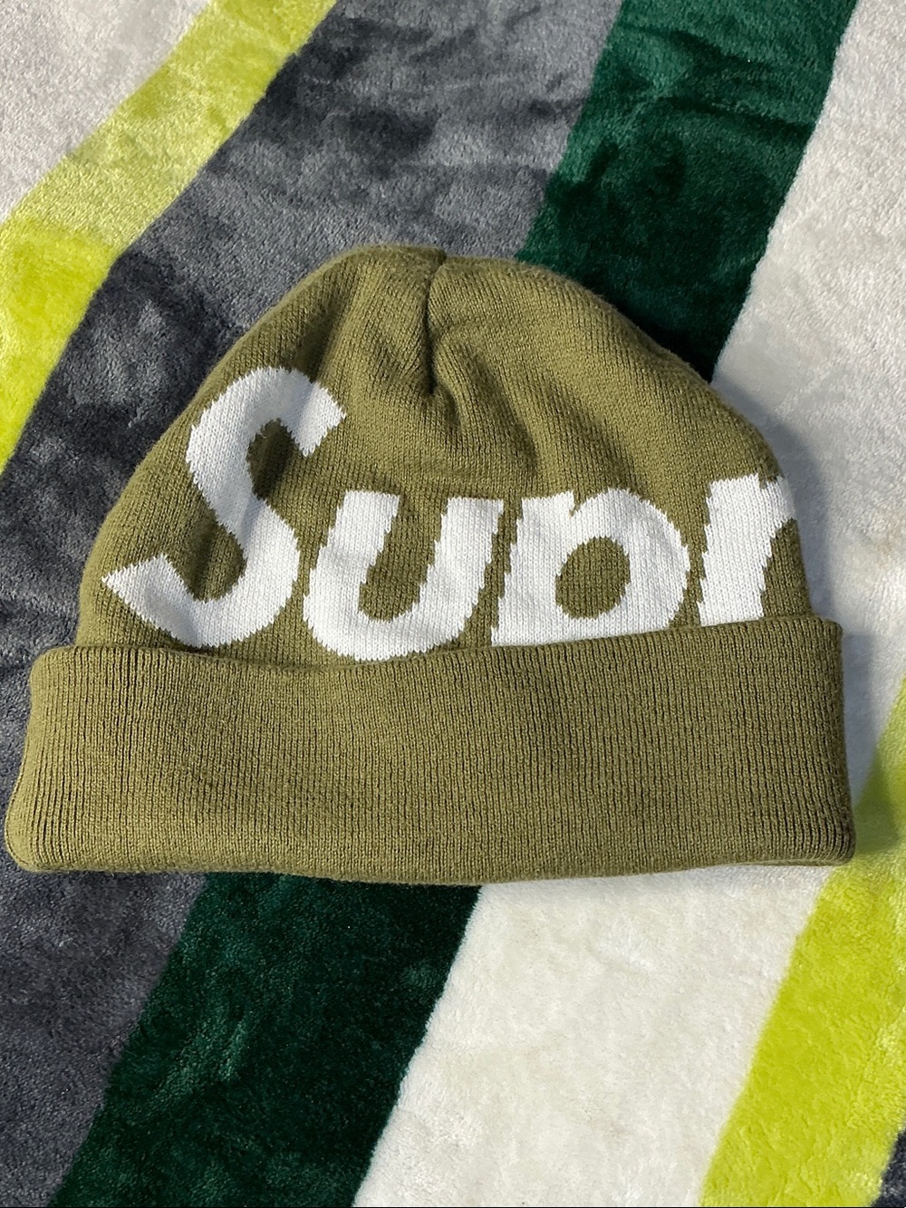 Supreme Olive Green Beanie with White Logo